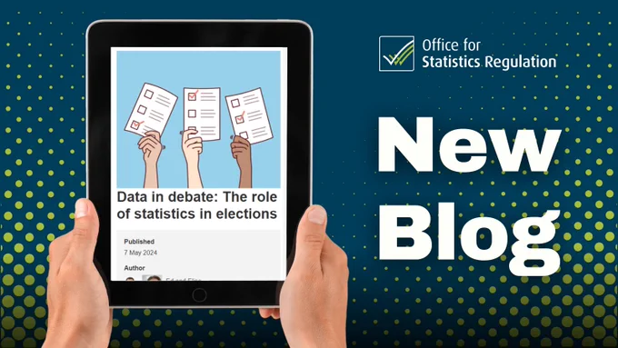 An image of a tablet being held, on screen the blog: "data in debate, the role of statistics in elections" shows as a preview. Next to this the words "new blog". 