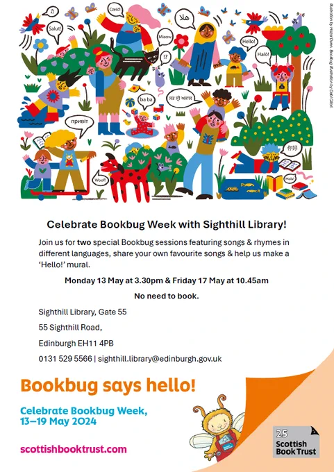 image description: above information with Bookbug Week illustration by Hazel Dunn featuring adults and children saying 'hello' in different languages. Bookbug illustration by Debi Gliori with Scottish Book Trust's logo.