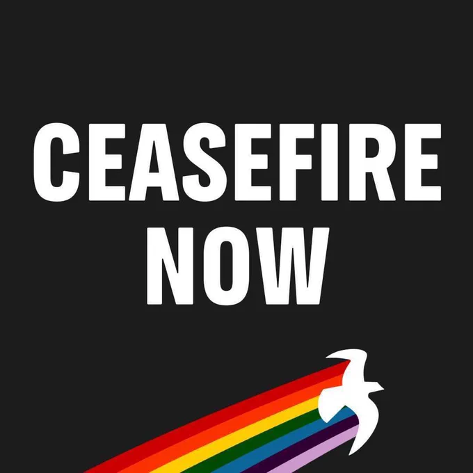 CEASEFIRE NOW, in white letters against black background, with a peace dove and rainbow.
