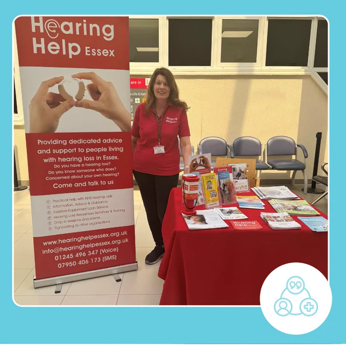 Photo of Hearing Help Essex stand at Broomfield hospital providing information and support to people living with hearing loss in Essex. 