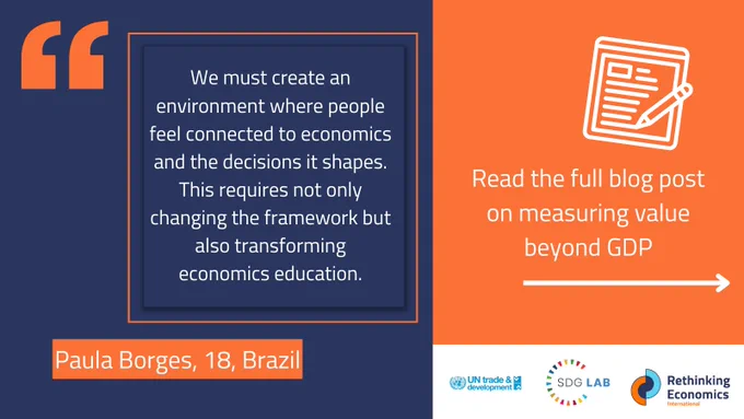 A sharepic with a quote from Paula Borges from Brazil about moving beyond GDP. Beside is a suggestion to read the latest blog post and below are logos of REI, UN Trade and Development and the SDG Lab at Geneva.