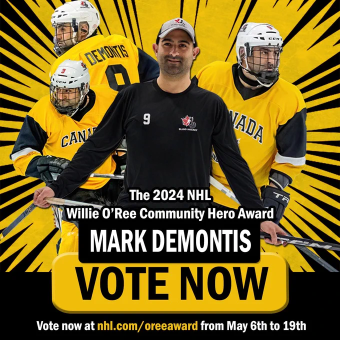 Image of Mark with 3 collage images of mark in the background. Text reads the 2024 NHL Willie O'Ree Community Hero Award Mark DeMontis VOTE NOW