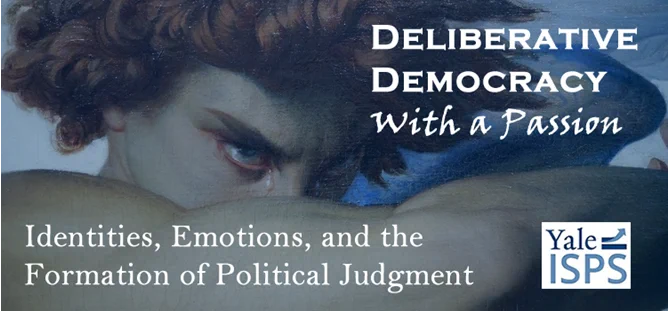 Detail of painting "The Fallen Angel," depicting Lucifer in a state of rage, featuring a single tear-drop, with text: Deliberative Democracy with a Passion, Identities, Emotions, and the Formation of Political Judgement -- Yale ISPS