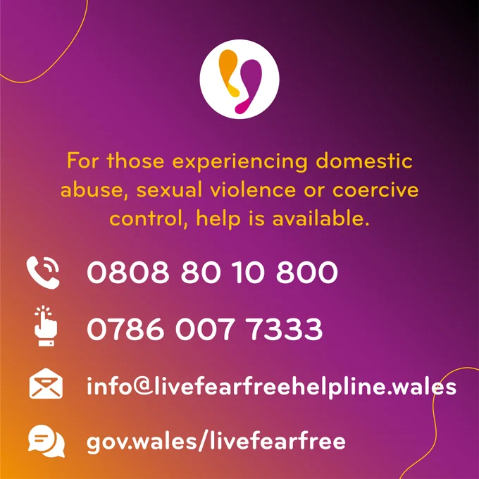 Live Fear Free graphic with the logo, a purpe and orange background and text that reads: For those experiencing domestic abuse, sexual violence or coercive control, help is available. 

Followed by the contact details that are included in the text of the tweet.