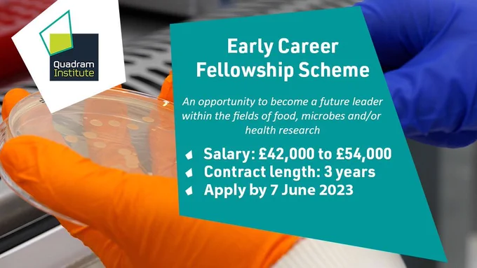 A social card of someone holding a petri dish, with the text: Early Career Fellowship Scheme, an opportunity to become a future leader within the fields of food, microbes and/or health research. Salary: £42,000 to £54,000, Contract length: 3 years, Apply by 7 June 2023. 