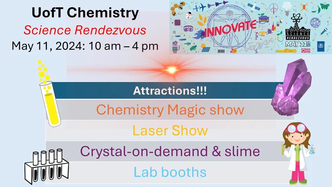 Poster advertising Science Rendezvous, with attractions including Chemistry Magic show, Laser show, Lab booths, and more. Cartoon graphics including test tub, scientist, and crystals.