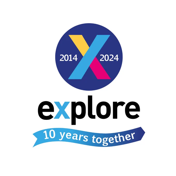 Our logo saying Explore 10 years together. With our X in three different colours and the years 2014 and 2024.