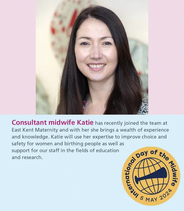 International Day of the Midwife graphic with image and text highlighting different teams - image and text featuring consultant midwife Katie