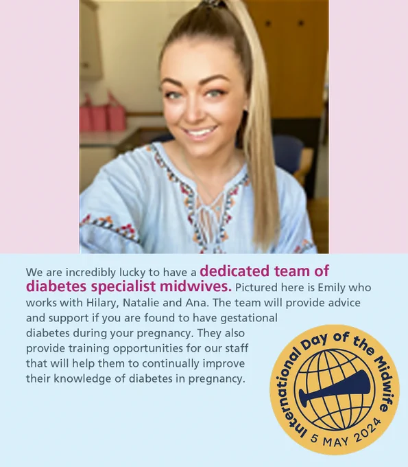 International Day of the Midwife graphic with image and text highlighting different teams - image and text featuring the diabetes specialist midwives