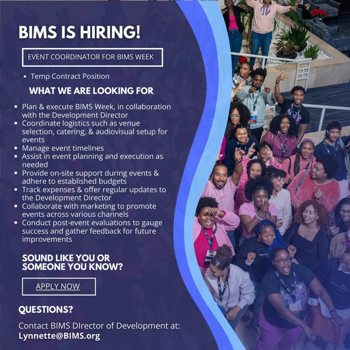 REMINDER, We Are Hiring! 🌊🎉 Join the BIMS team as our Development Event Coordinator! 🌟 We’re seeking someone passionate about marine science and event planning to help us make a splash at BIMS Week 2024. From coordinating logistics to post-event evaluations, you’ll play a pivotal role in bringing our mission to life. Dive into the details and apply now (application link: https://tally.so/r/wkYY2j) ! #BIMS #EventCoordinator #BlackinMarineScience #Hiring #MarineScience 💙🐠