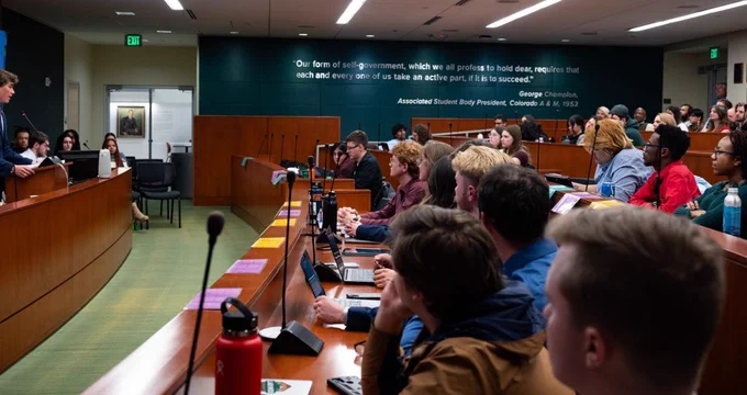 A photo of students involved with ASCSU listening to the annual State of the Association address in January 2024