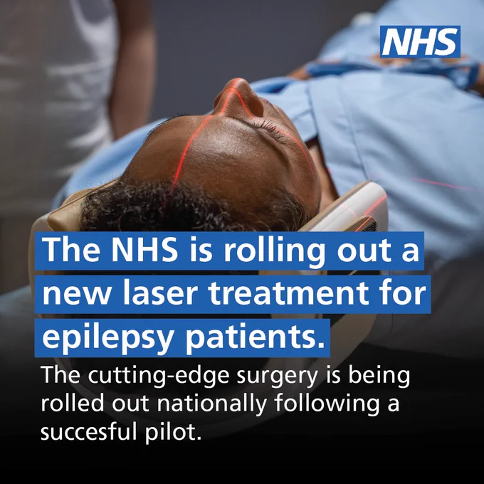 Text: ‘The NHS is rolling out a new laser treatment for epilepsy patients. The cutting-edge surgery is being rolled out nationally following a successful pilot’. Image: A woman is lying under a scanner and there are red markings on her head.