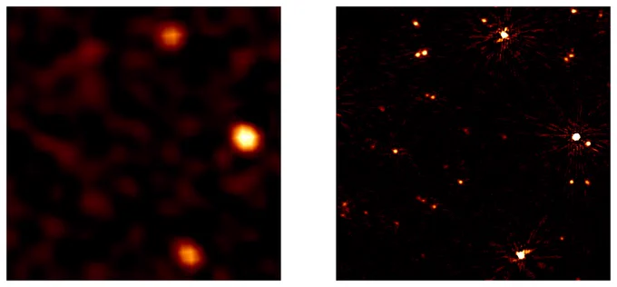 Old versus new. Two black panels with orange spots. The left panel shows an image of a piece of sky observed with the hitherto best calibration technique. Right shows the same piece of sky with the new technique. In the right panel is more detail visible. And what were once large, blurry patches now appear as single points. (c) LOFAR/Groeneveld et al.