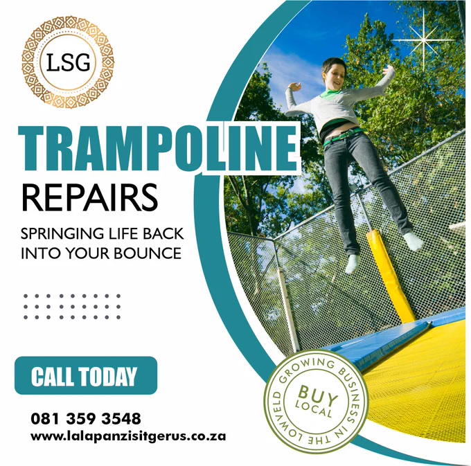 Trampoline Rapairs

Revive Your Bounce with our Trampoline Repair Services we offer: 

 - Stretch Material
 - Springs
 - Side Covers
 - Enclosure Net

Get your free quote:

📞 Call: 081 359 3548
📧 Email: info@lalapazi.co.za
🌐 Website: www.lalapanzisitgerus.co.za

#lalapanzisitgerus #trampoline #kidsfun #trampolinerepair