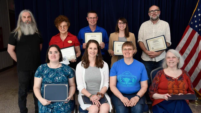 Pictured (seated, l. to r.) are Dr. Jacquelyn Cole, associate professor of chemistry, Outstanding Scholar Award; Dr. Haley Albiright, assistant professor of chemistry, Outstanding Teacher Award; Dr. Sytil Murphy, associate professor of physics, Outstanding Service Award; Dr. Betty Ellzey, professor of English, Storer College Faculty Award. Standing, Michael Mendez, adjunct art professor, Outstanding Adjunct-Instruction Award; Dr. Sylvia Bailey Shurbutt, professor of English, Mentzer Award for Inspirational Teaching; Dr. Jason Allen, assistant professor of education, Outstanding Advisor Award; Dr. Jennifer Flora, adjunct professor of business administration, Outstanding Adjunct-Commitment to the Community; and Dr. Benjamin Bankhurst, associate professor of history, Douglas C. Smith Distinguished Graduate Faculty Award. 