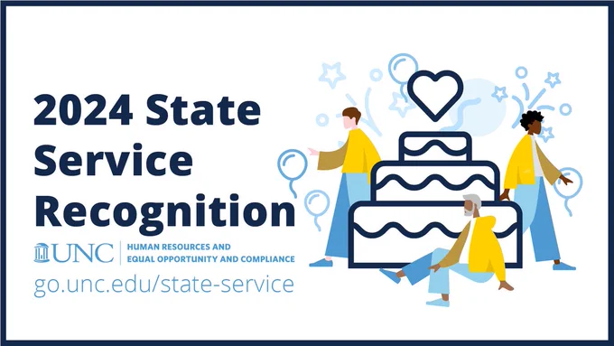 2024 State Service Recognition - UNC Human Resources and Equal Opportunity and Compliance - go.unc.edu/state-service - stylized graphic of three people posed around a large cake with balloons and stars around them.