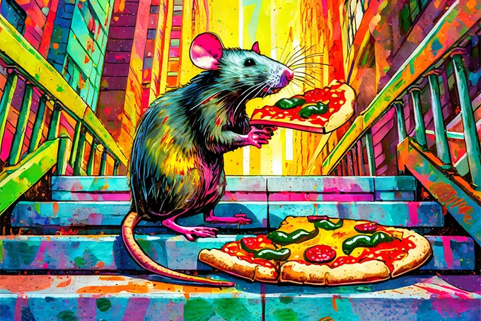 psychedelic art style. rat is eating pizza on a city staircase