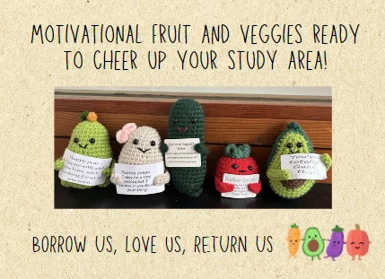 A poster showing a photo of crocheted fruits and vegetables in a line up, each holding motivational signs. 
