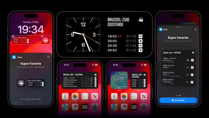 A montage with 5 iPhone showing 5 different Railer Widget configurations: 1) on the Lock Screen, 2) in StandBy, 3) a medium sized widget on the Home Screen, 4) a large sized widget on the Home Screen and 5) an extra large sized widget in the Home Screen editor.