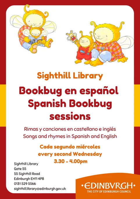 Spanish Bookbug sessions at Sighthill Library with above information. Bookbug illustrations by Debi Gliori.