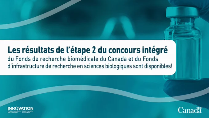 Un fond turquoise foncé avec un texte blanc au centre : “Les résultats de l’étape 2 du concours intégré du Fonds de recherche biomédicale du Canada et du Fonds d’infrastructure de recherche en sciences biologiques sont disponibles!”