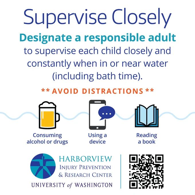 Image displays icons of a beer mug, a cell phone, and an open book. Reads: "Supervise Closely - Designate a responsible adult to supervise each child closely and constantly when in or near water (including bath time). AVOID DISTRACTIONS". Harborview Injury Prevention & Research Center logo (bottom left) with QR Code (bottom right). More info: hiprc.org/drowning-prevention