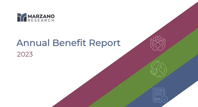 A graphic featuring the Marzano Research logo and three diagonal stripes with a different icon in each: hands embracing people, the earth, and documents with a checkmark. The text reads Annual Benefit Report 2023.