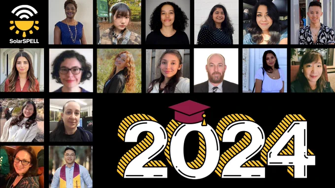A grid of 17 headshots of graduating students above a graphic of '2024' wearing a graduation cap