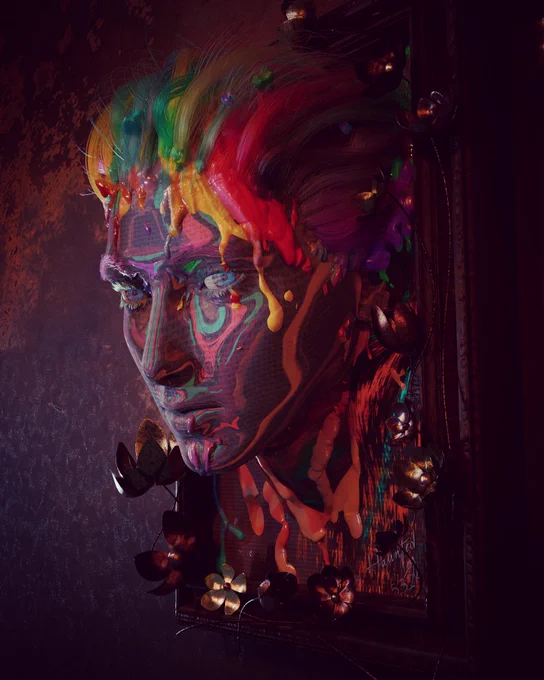An androgynous face emerges from a hung and framed canvas at an art gallery. The face is covered in paint and their skin is stretched canvas.