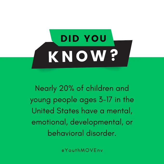 The top third of the image is white with the lower two thirds being green. At the top is large text that reads “Did you know?” Beneath that is more text reading “Nearly 20% of children and young people ages 3-17 in the United States have a mental, emotional, developmental, or behavioral disorder.” 