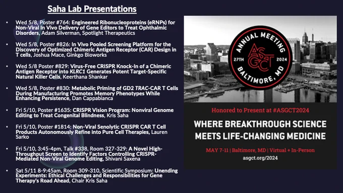 At #ASGCT2024, we're showcasing advances in non-viral gene editing, CAR T cell therapies, & high-throughput screening. Explore our work on vision restoration, cancer therapy, and ethical challenges in the field. Join us to learn about the latest progress in #GeneTherapy research