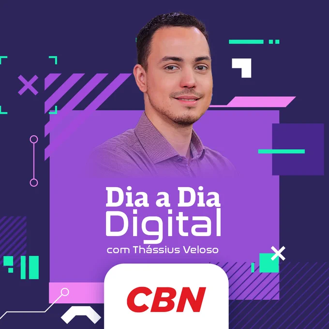 Capa de podcast. Aparece o rosto do jornalista Thássius Veloso, o nome do podcast e marca da CBN.