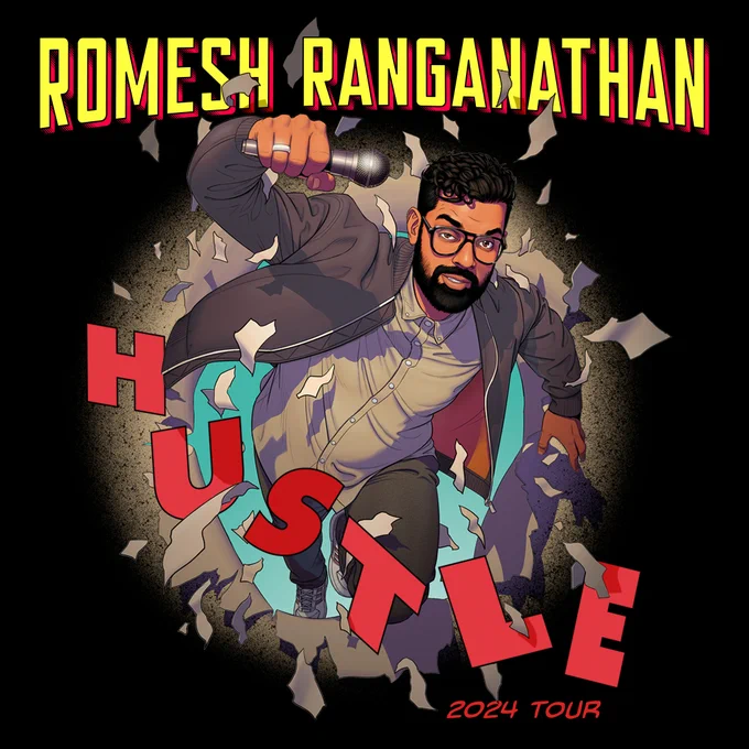 Comic illustration of Romesh Ranganathan. Text reads HUSTLE 2024 TOUR