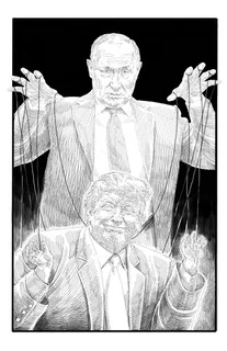 One of 7 interior illustrations by cover artist Jim Agpalza, this one captioned by lines from the accompanying poem: "So what if Donald rigged the vote / And danced as Russia pulled his strings?"