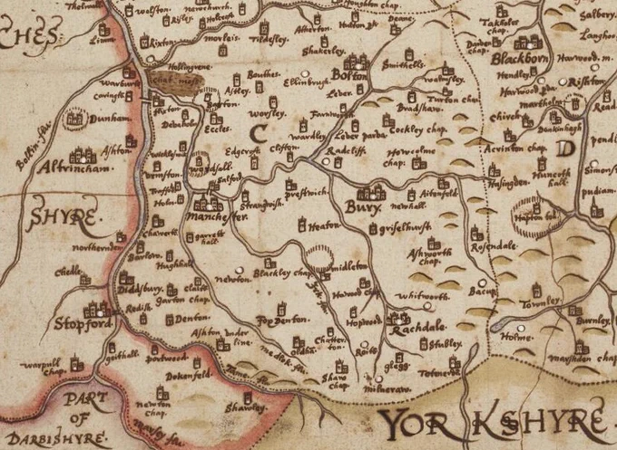 Detail from map showing Manchester and surounding towns and villages.