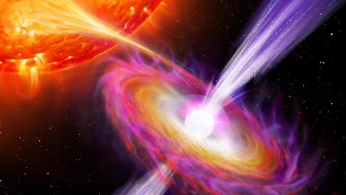 Artist’s impression depicting how nuclear explosions on a neutron star feed the jets blasting off from its magnetic polar regions. In the foreground, at the centre right, there is a very bright white ball, representing the neutron star. White/purple filaments are streaming out from its polar region. The ball is surrounded by a hazy white larger sphere, the corona, and further out by a disk with concentric bands of different colours, going from white in the inner disk to orange in the middle and to red-magenta in the outer region. An orange band connects the outer part of the disk to a large yellow-orange-red section of a sphere in the top left corner. This represents the star companion of the neutron star, that is feeding the disk around the bright white spherical body.
