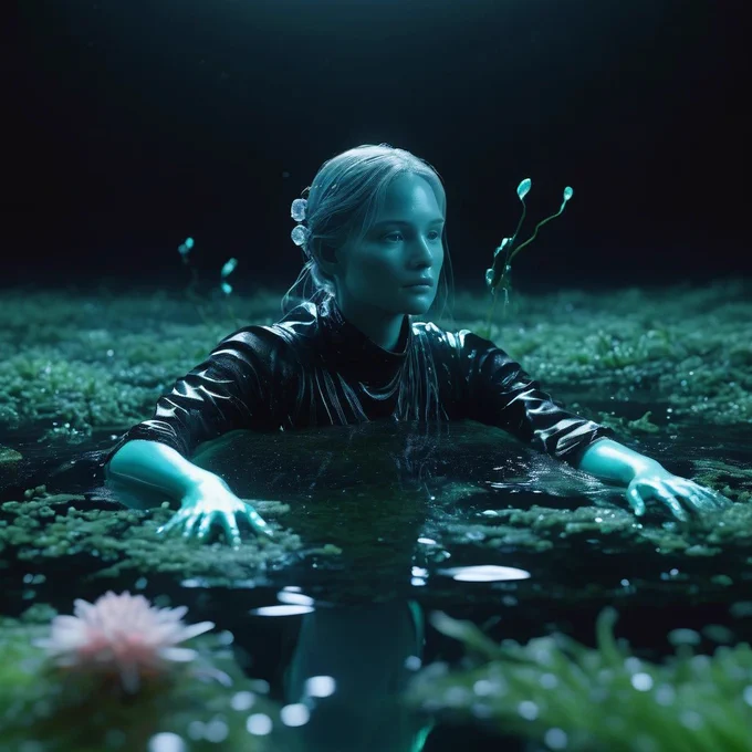 Hyper-realistic cinematic film still, God-sized Birth of the Instructor made of bioluminescent insides molding a new planet covered in bioluminescent flora inside her translucent body, black bioluminescent Life, drop of light falls onto the undulating iridescent waves of water, an androgynous human appeared, she molded it first as a female body, then the mother, made of water, sea green and blush