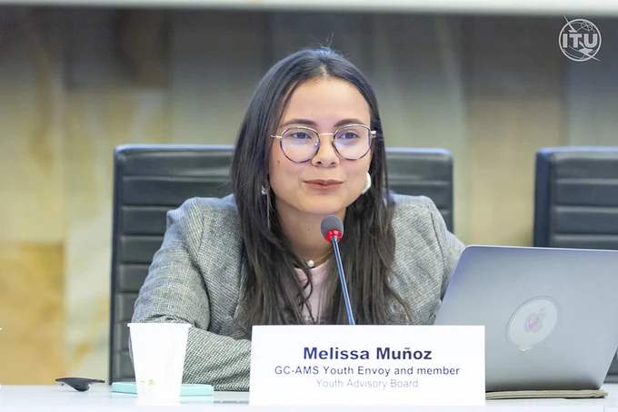 photo of Melissa Muñoz, Generation Connect Youth Envoy and member of the ITU Secretary-General's Youth Advisory Board, speaking from the podium at the Girls in ICT Day dialogue at HQ