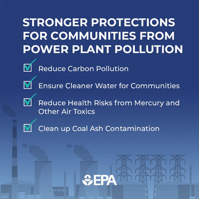 An illustration of a power plant with stacks and power transformers. Text reads, Stronger protections for communities from power plant pollution. Reduce emissions of carbon pollution; ensure cleaner water for communities; reduce health risks from mercury and other air toxics; clean up coal ash contamination.” EPA logo in bottom center.
