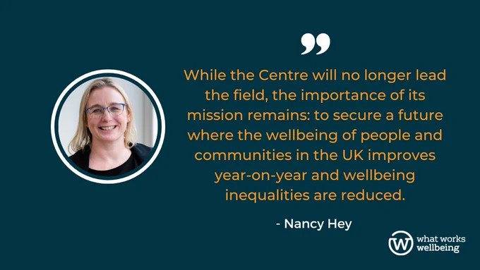 A photo of Nancy Hey and a quote from her blog "While the Centre will no longer lead the field, the importance of its mission remains: to secure a future where the wellbeing of people and communities in the UK improves year-on-year and wellbeing inequalities are reduced."