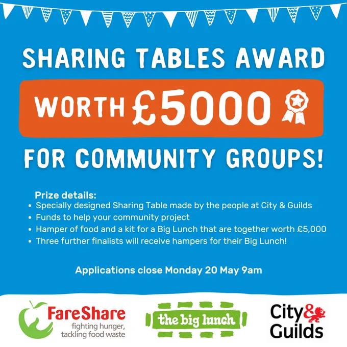 Blue, orange and white graphic with white text. Text reads: Sharing Tables Award worth £5000 for community groups! Prize details: Specially designed Sharing Table made by the people at City & Guilds Funds to help your community project Hamper of food and a kit for a Big Lunch that are together worth £5,000 Three finalists will receive hampers for their Big Lunch!
