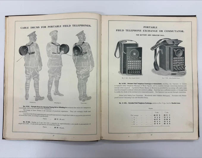 open book showing illustrations of soldier demonstrating a portable field telephone