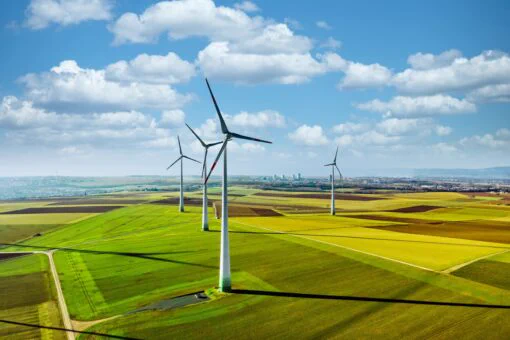 Wind turbines in fields.