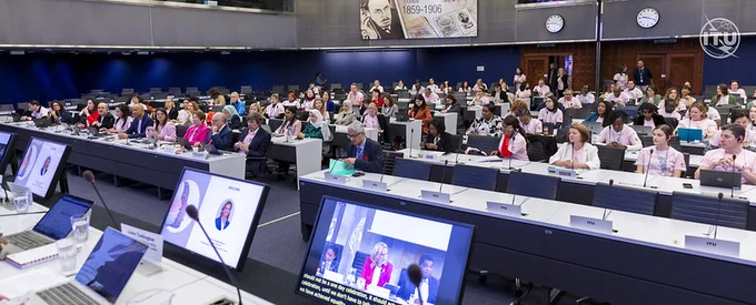 photo from the podium of our audience at the Girls in ICT Day intergenerational dialogue in HQ
