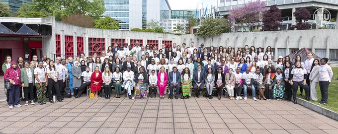 group photo of participants taken outside HQ following our Girls in ICT Day intergenerational dialogue 