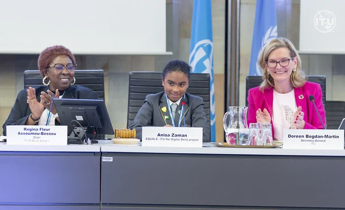 here I am on the podium of our Girls in ICT Day intergenerational dialogue with my young co-moderator, Anisa Zaman, and chair of ITU-D Study Group 1 applauding