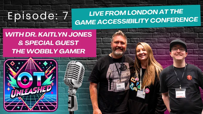A picture promoting the OT Unleashed Podcast with Erik, Kaitlyn, and The Wobbly Gamer all standing next to each other. There is the OT Unleashed Logo to the left of the picture which is splashed with '80s colors of pinks, blues, and purples. 