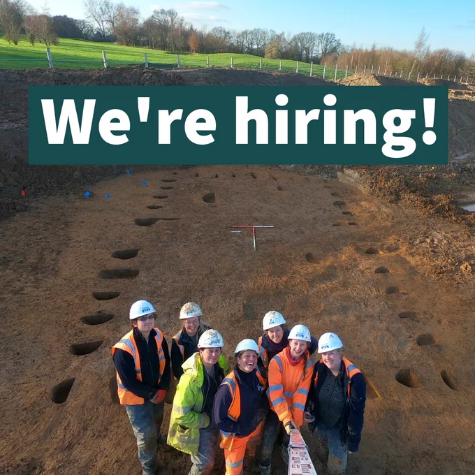 A group of archaeologists hold a long pole, with the camera (taking the photo) at the top of it. The view pans down onto the group, who are looking up and smiling. Across the photo reads ‘We’re hiring!’. The archaeologists are wearing hi-vis clothing and white hardhats. Behind them is an archaeological trench with lots of small holes in structured rows. In the distance is green grass and a blue sky. 