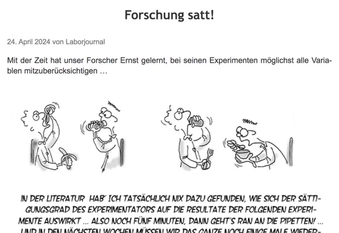 Dir ersten beiden Bilder des im Post verlinkten Cartoons zeigen unseren Forscher Ernst und seinen Studenten beim üppigen Essen und Trinken. Darüber Überschrift "Forschung satt!" sowie Anleser zum Cartoon. Darunter angeschnitten die ersten Zeilen des Cartoon-Texts.