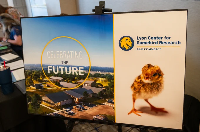 A poster that reads "Celebrating the Future" and "Lyon Center for Gamebird Research." The post features concept art of a multi-building complex and a photograph of a quail chick.